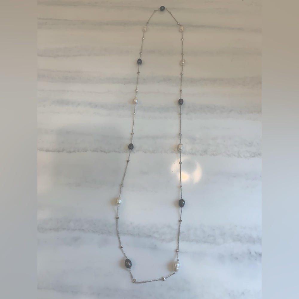Long Strand Necklace with Faux Pearls in Green and White